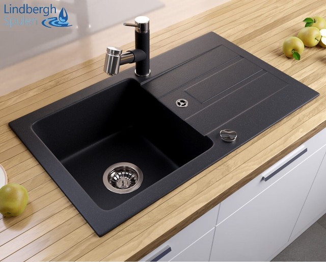 LINDBERGH Granit Spüle 75,5x43,3 Cm - Mit Abtropffläche & Siphon - Made In Germany - Schwarz