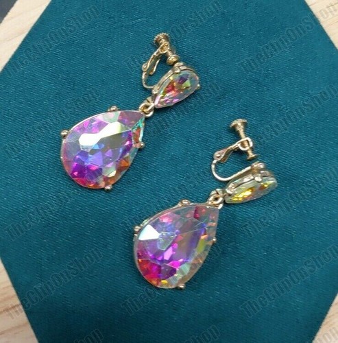 CLIP ON Retro 4cm RAINBOW CRYSTAL Drop EARRINGS AB Gold Tone Vintage Style - Picture 13 of 23