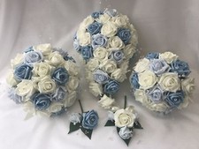 Wedding Flowers Ivory Rose blue Bouquet Bride Bridesmaid posy  Flower-Girl Wand