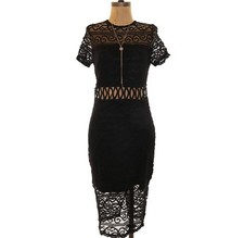 MISSGUIDED Sheath Midi Dress 2 US 6 UK  Lace Paneled Black Party EUC B82