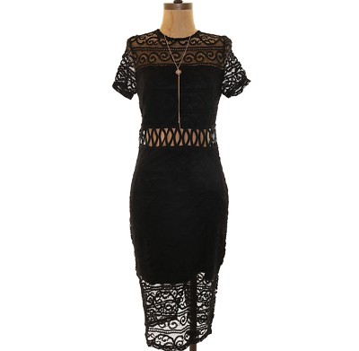 MISSGUIDED Sheath Midi Dress 2 US 6 UK  Lace Paneled Black Party EUC B82
