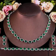 Women Trendy Silver Plated Green Oval Cubic Zirconia Wedding Costume Jewelry Set