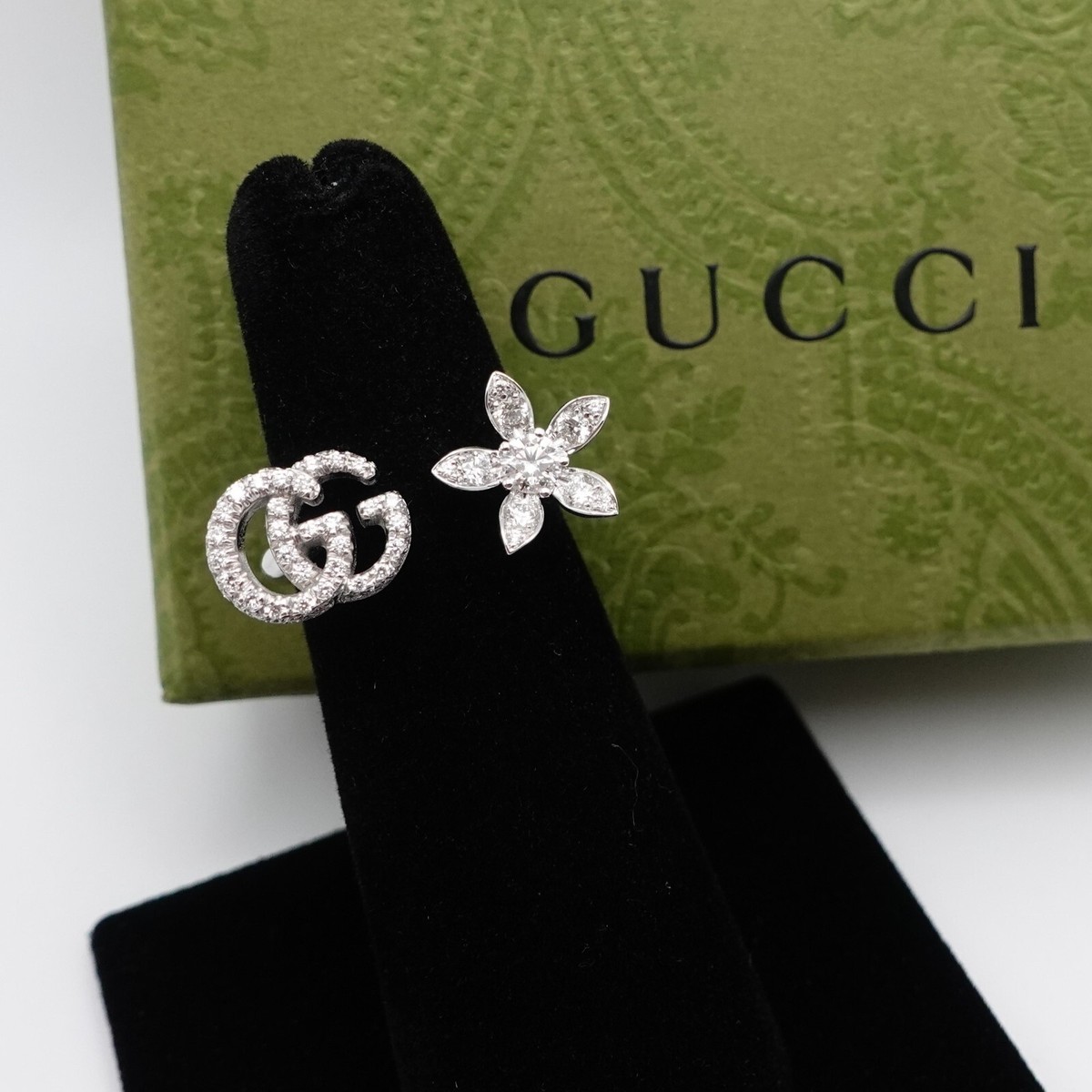 Gucci 18K White Gold Double G Logo & Flora Diamond Open Ring Size
