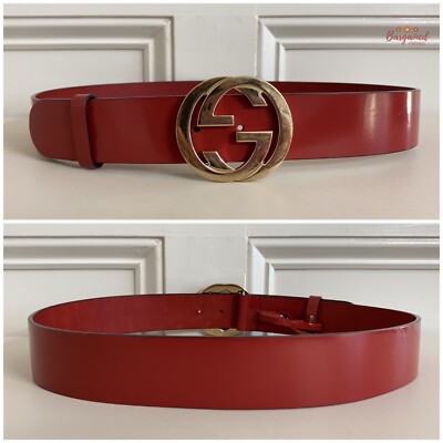 Authentic Gucci Red Coated Leather Gold Interlocking G Buckle Belt