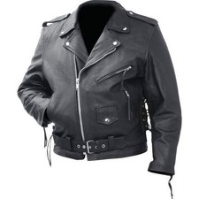 Mens  Classic  Black Leather Motorcycle Biker Jacket Zip outlining Side Lace  