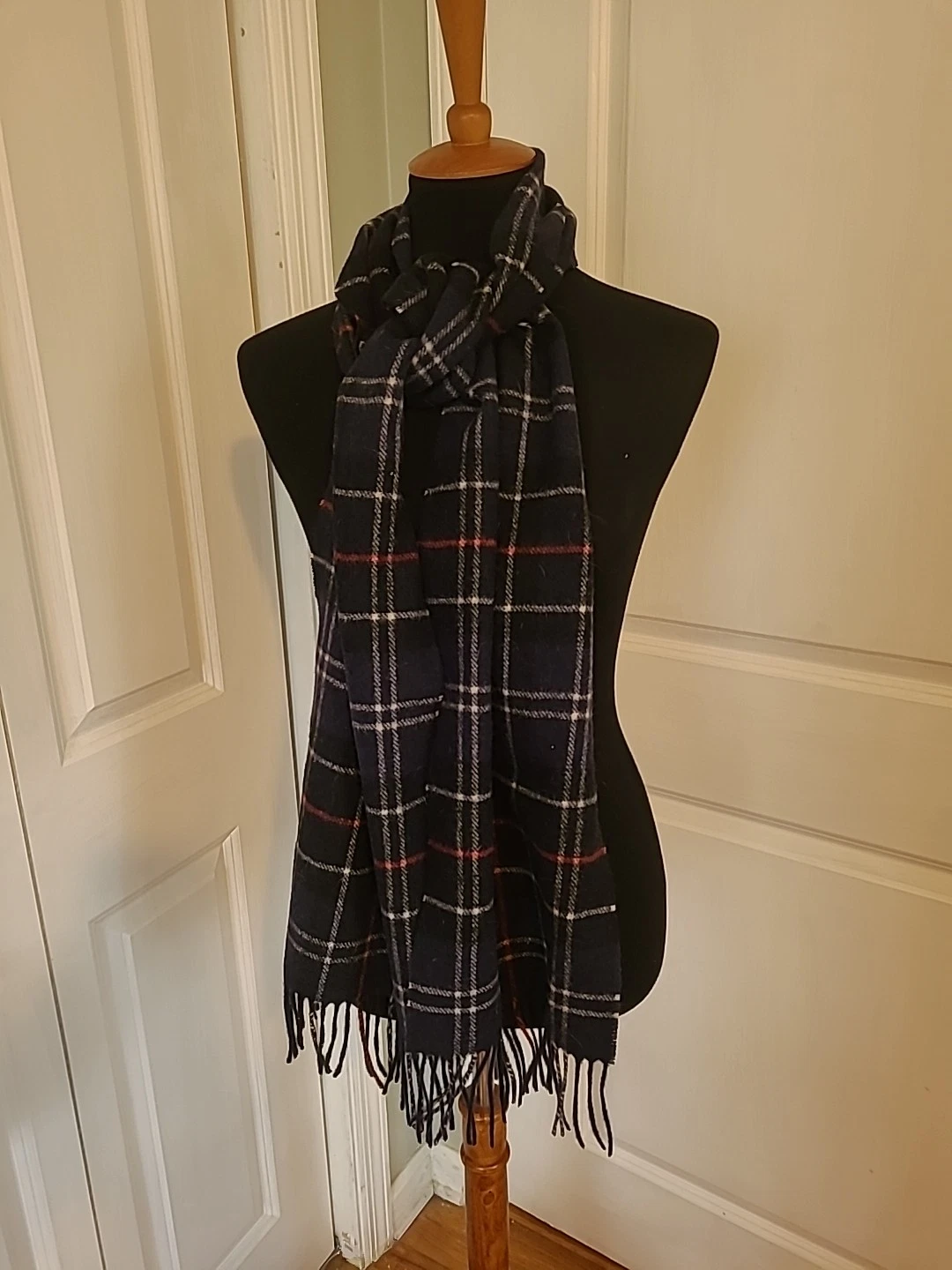 Vintage Barbour Scarf 100% Lambs Wool 10x72 Blue Red And White Checked
