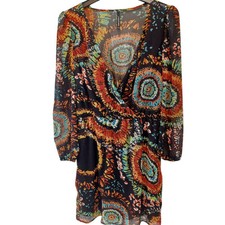 Peppermint Dress Womens Medium Colorful Mini Crossover Sheer Sleeves Retro...