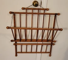 Antique Oak Stick and Ball Style Magazine Rack-Victorian Era, Wall Mount