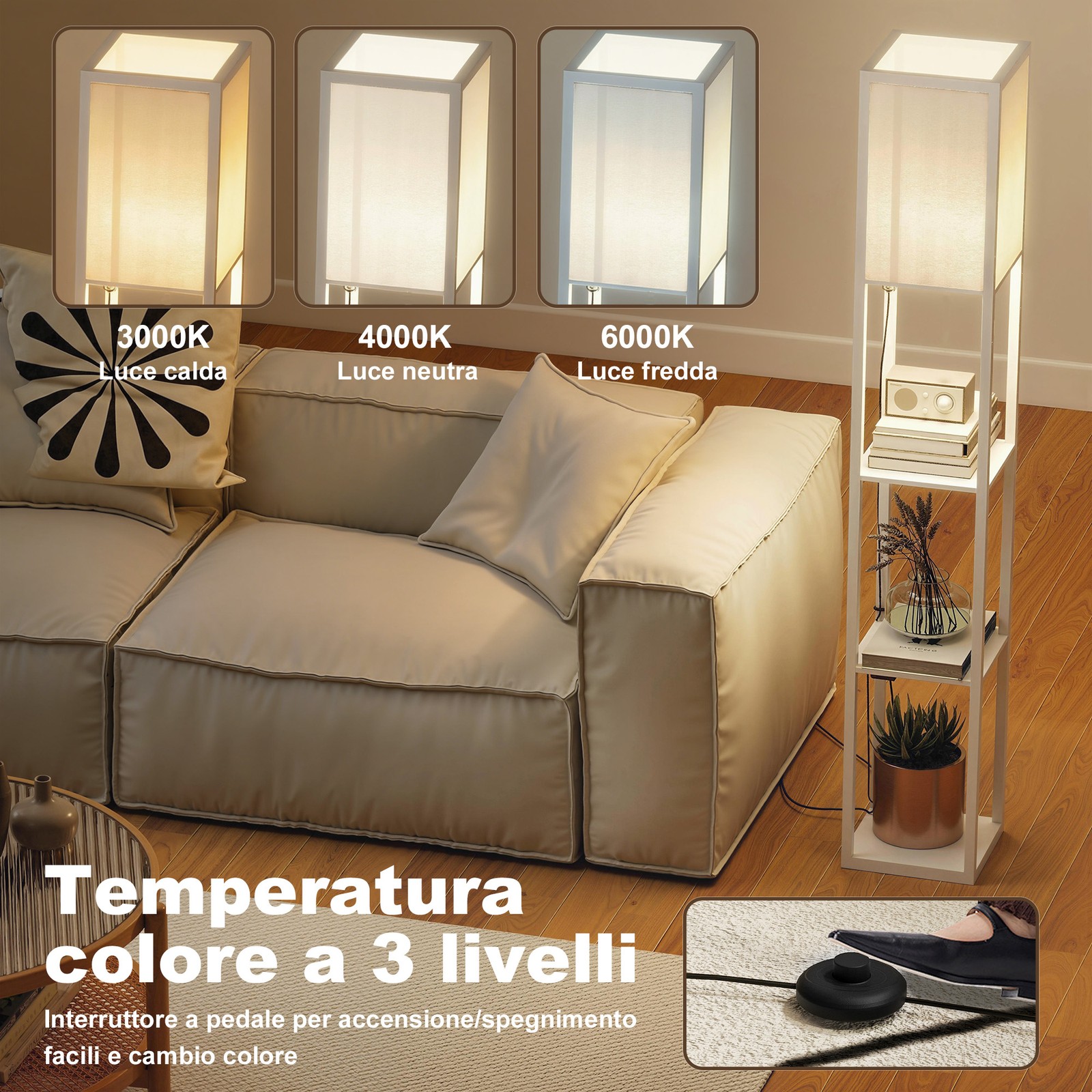 Lampada da Terra con Ripiani, Luce Regolabile, Interruttore a Pedale e Porte USB foto 5