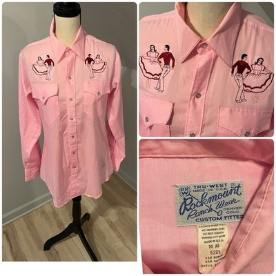 Vintage Rockmount Ranch Wear Snap Blouse Size 16 Western Polka Dancers Pink USA