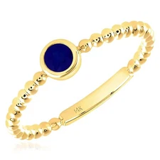 0.15CT Natural Blue Sapphire Real 14K Gold Beaded Round-Cut Stackable Band Ring