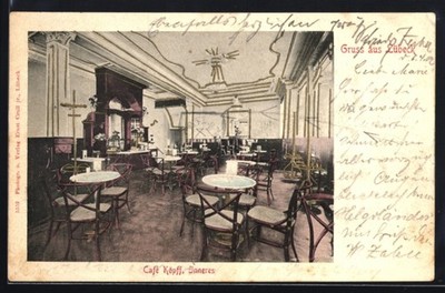 Lübeck, Cafe Köpff, Innenansicht, Ansichtskarte 1902 