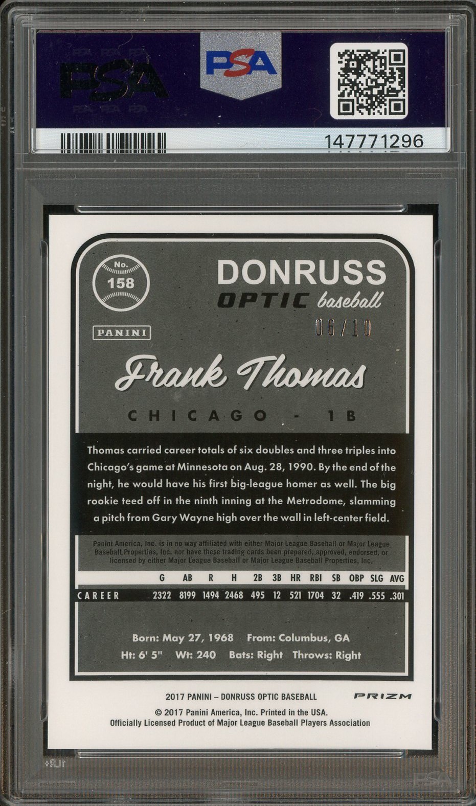 2017 Donruss Optic Gold #158 Frank Thomas White Sox HOF 6/10 PSA 10 GEM MINT view 2