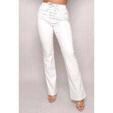 Womens White Leather Pant 100 Real Lambskin skinny fit lace-up Biker Pants W8