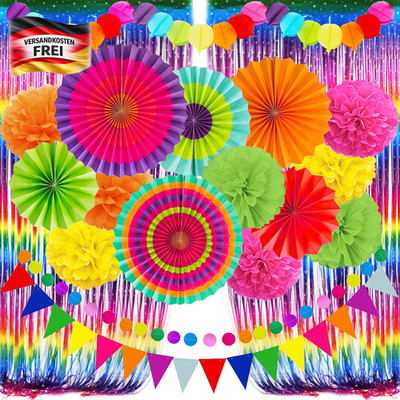 Partydekoration Set für Fiesta mit Pompons Wimpelgirlande und Papierfächer