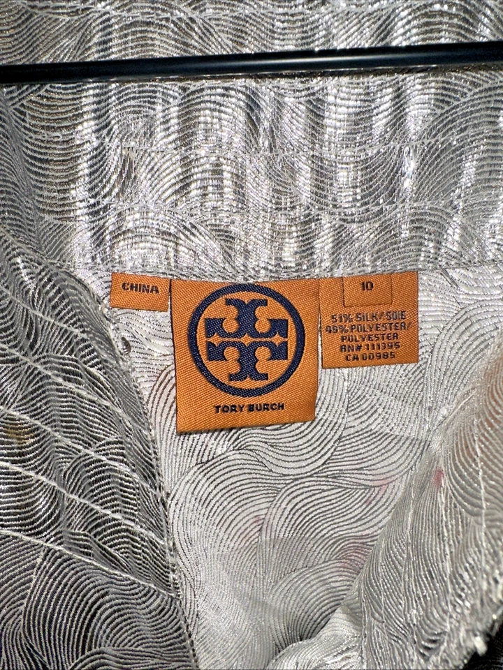 Tory Burch Silk Blend Tank Women Size 10 Silver Metallic Geometric Shirt *FLAW* - Image 3 of 4
