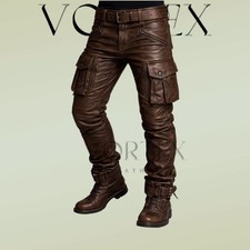 Men's Distressed Brown Cowhide Leather Cargo Pants Multi-Pocket Biker Trousers
