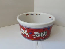 Cat Food Bowl Red And White "Here Kitty" Signature Stoneware