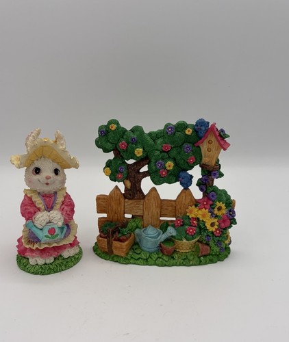 Vintage Bunny Gardening Spring Colorful Resin Figurines Whimsy 5" Set Of 2