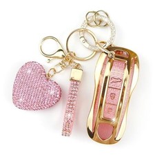 Key Fob Cover with Diamond Keychain Compatible with Porsche Car Key Holder Pink