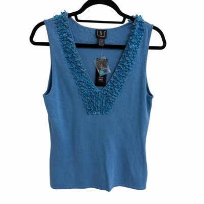 NWT Vintage INC International Concepts Silk Cashmere Sequin Tank Blue Size Large
