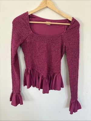 Free People Women s Smocked Long-Sleeve Peplum Top - Berry
