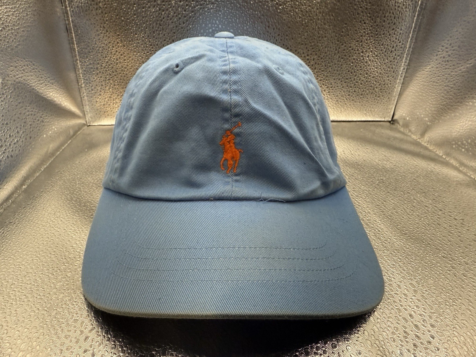 Cappello Polo Ralph Lauren blu chiaro arancione pony berretto da baseball cinturino schiena preppy papà