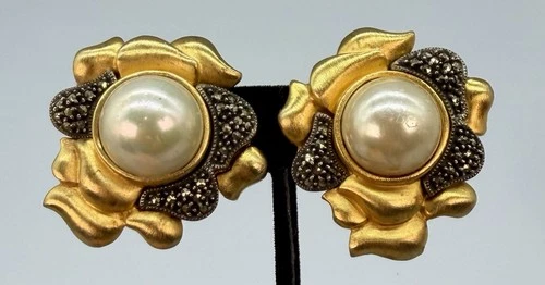 Vintage Judith Jack Signed Earrings Marcasite Faux Mabe Pearl Gold Tone