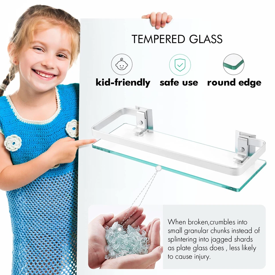 KES Aluminio Baño Vidrio Estante Vidrio Templado Rectangular 1 Nivel Extra Grueso Foto 4 de 4