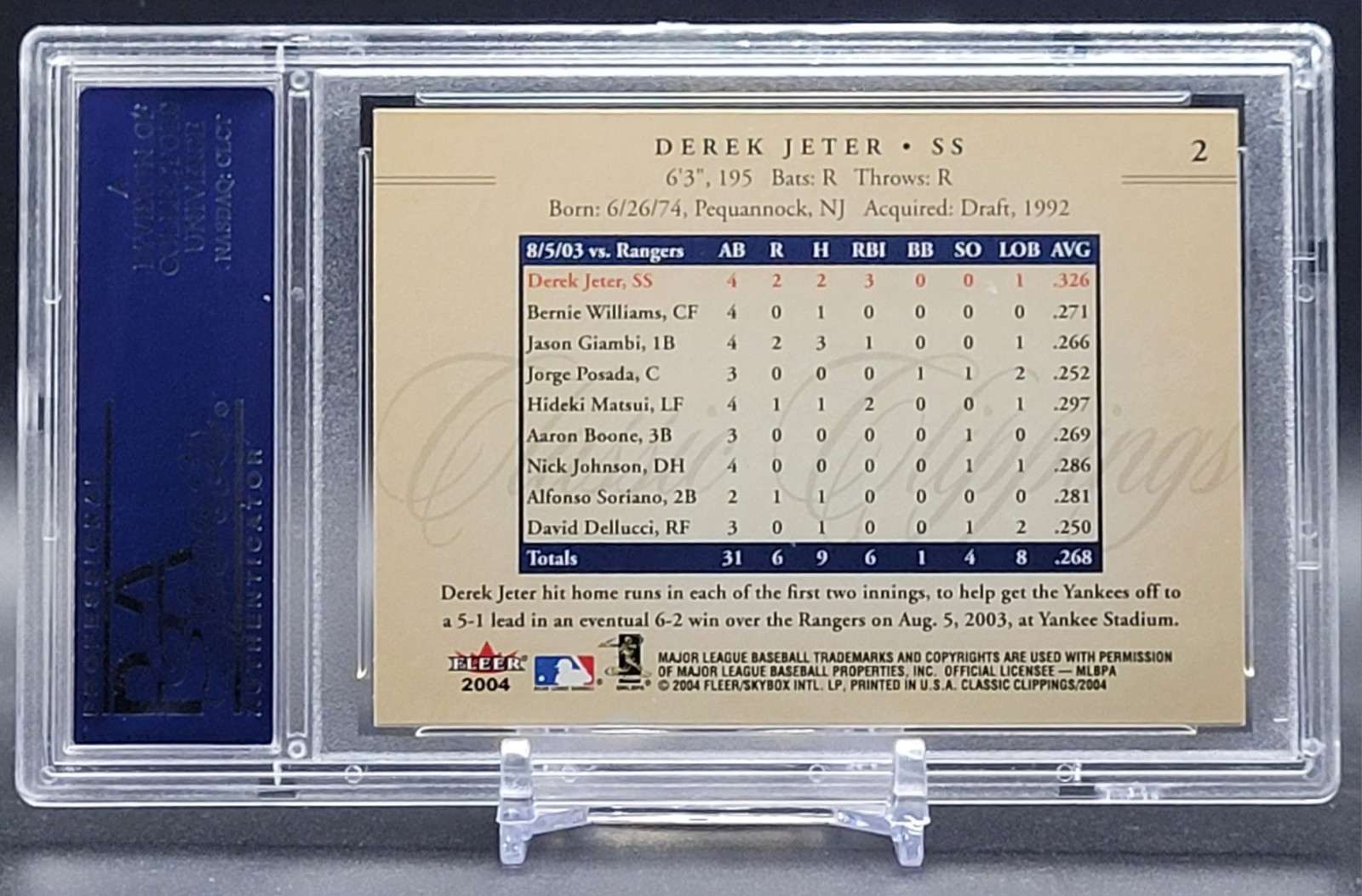 ⚡2004 Fleer Classic Clippings #2 DEREK JETER NY Yankees PSA 10 GEM MT HOF Legend view 2