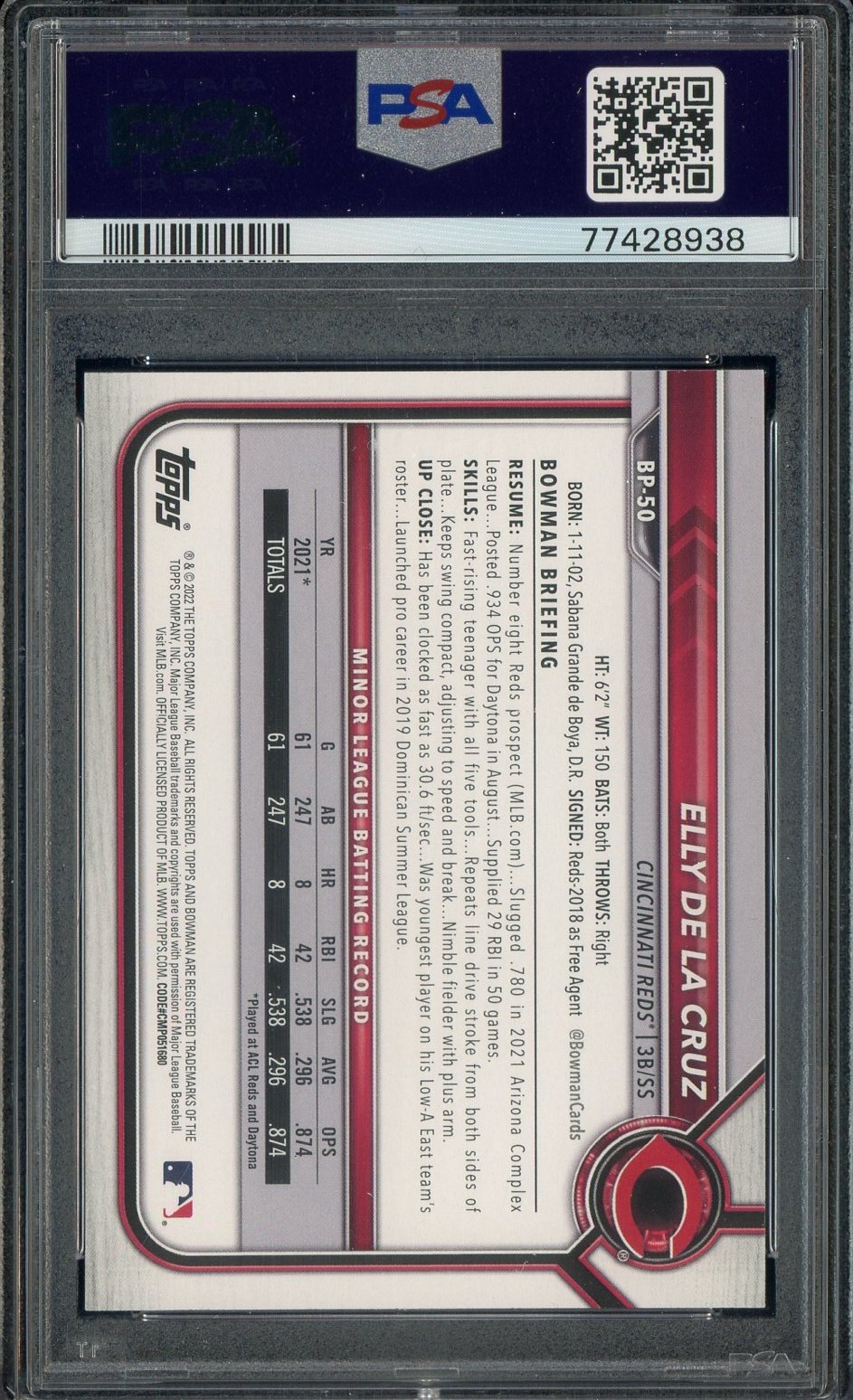 2022 Bowman Paper Prospects #BP50 Elly De La Cruz Reds RC Rookie PSA 10 view 2