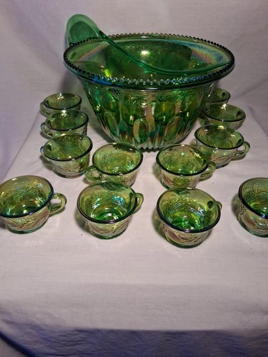 Vintage Indiana Carnival Glass Princess or Harvest Grape Pattern Punch Bowl Set