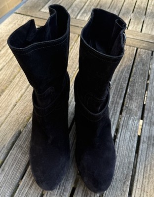 Prada Double Buckle Suede Wedge Boots Black Mid Calf Lug  display picture 1