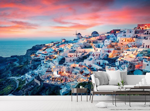 Greek Wall Mural Photo Wallpaper Santorini Greece Evening View Paper Poster Art - Imagen 2 de 8