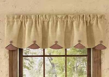 Burlap and Check Red Lined Scalloped Valance 58x15, NWT, FREE SHIP