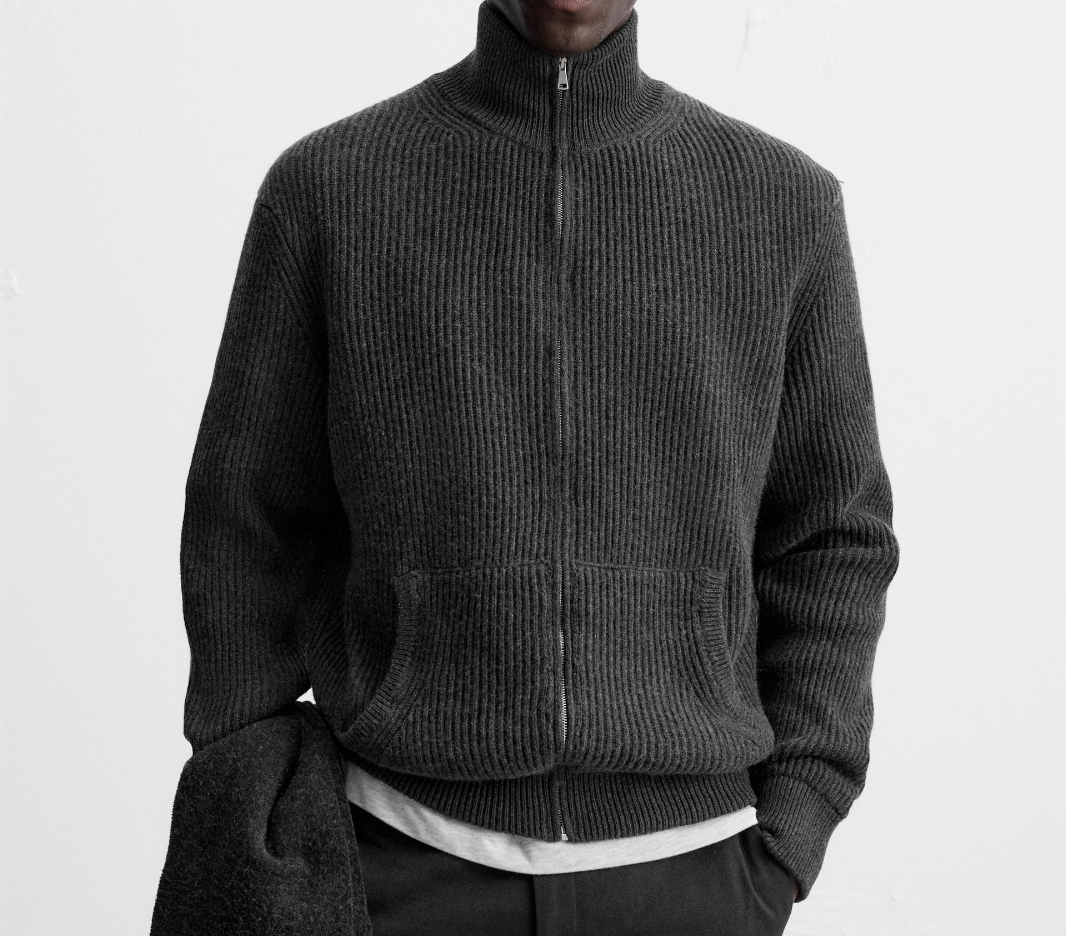 Zara 50% Cashmere Cotton Zip Up Cardigan Anthracite Grey Size M L