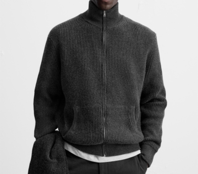 Zara 50% Cashmere Cotton Zip Up Cardigan Anthracite Grey Size M L