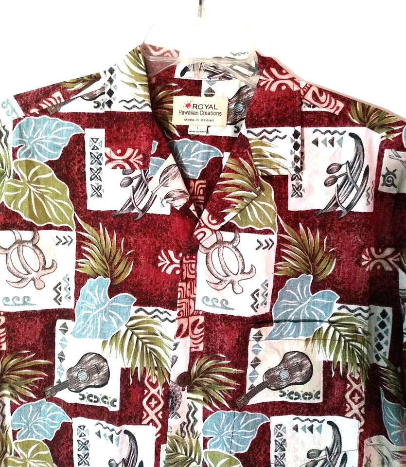CAMISA HAWAIANA VINTAGE HOMBRE ROYAL CREATIONS KAYAK UKELELE HOJA TORTUGA TALLA L Foto 3 de 3
