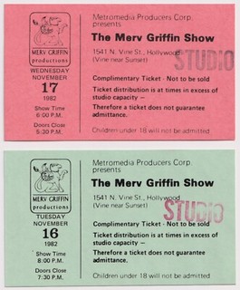 Vintage Merv Griffin Show Tickets Vine Street Hollywood California 1982 x2