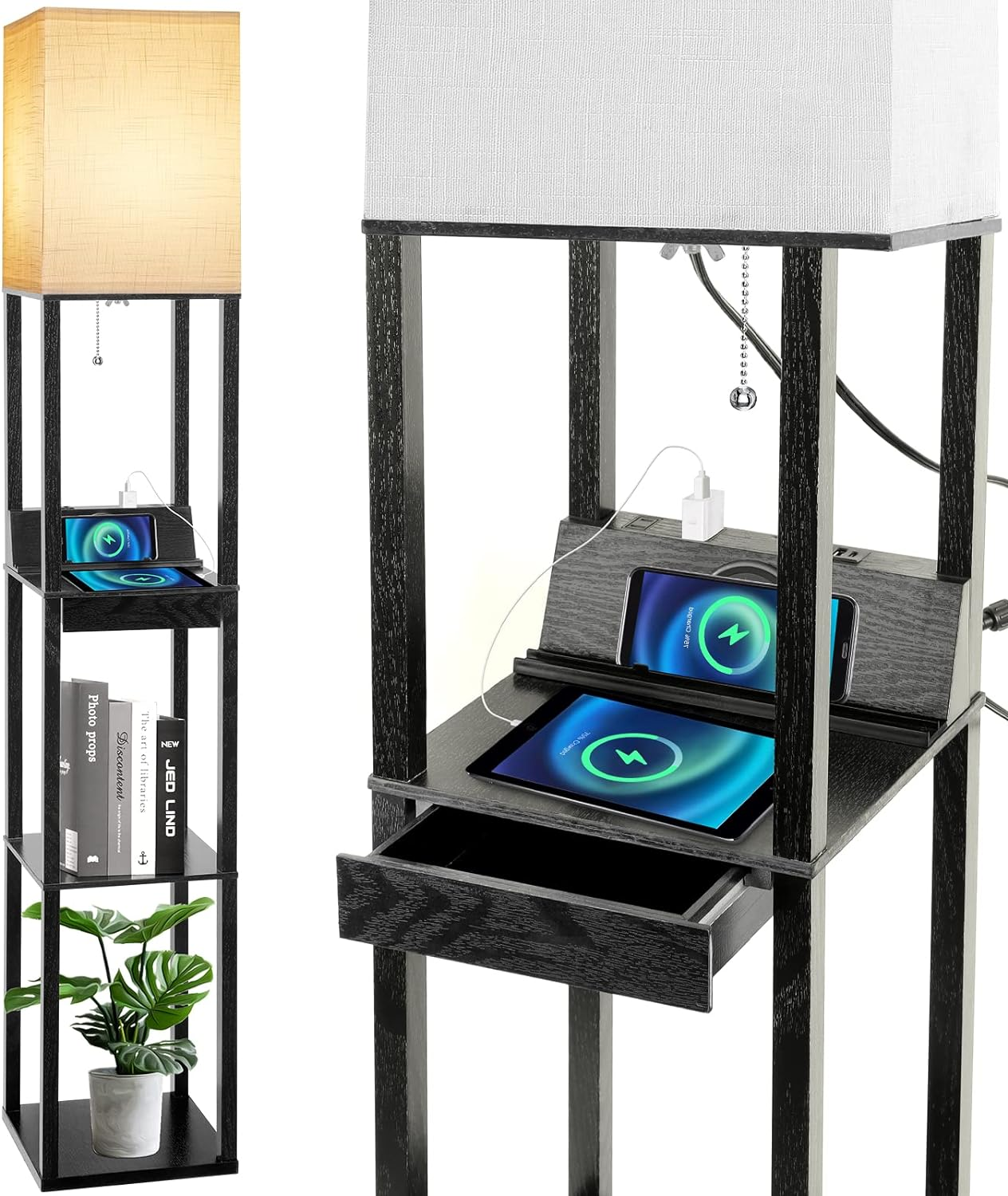 LED Shelf Floor Lamp with Wireless Charger & 2 USB Ports, Modern Floor Lamp with Storage Shelves-image