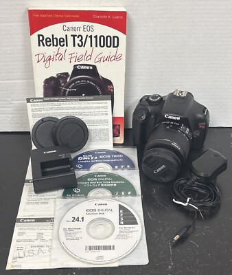 Canon EOS Rebel T3 Digital Camera/Battery/Charger 18-55mm Lens/CDs/Book/8GB Card