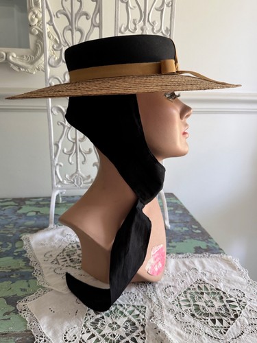 NWT Vintage Wide Brim Straw Hat w/ Bow By Penneys 20” Elegant - Picture 7 of 17
