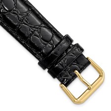 20mm 6.75" Short Black Alligator-Style Grain Leather Gold-tone Buckle Watch Band