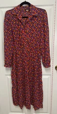 Vintage Lisa II Tulip Red Floral Dress Pleated Buttons Made In USA Size 14