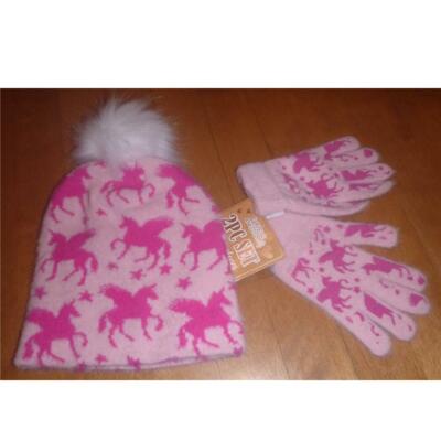 Girls Love @ First Sight Pink UNICORNS Hat Beanie & Gloves Set NWT One Size