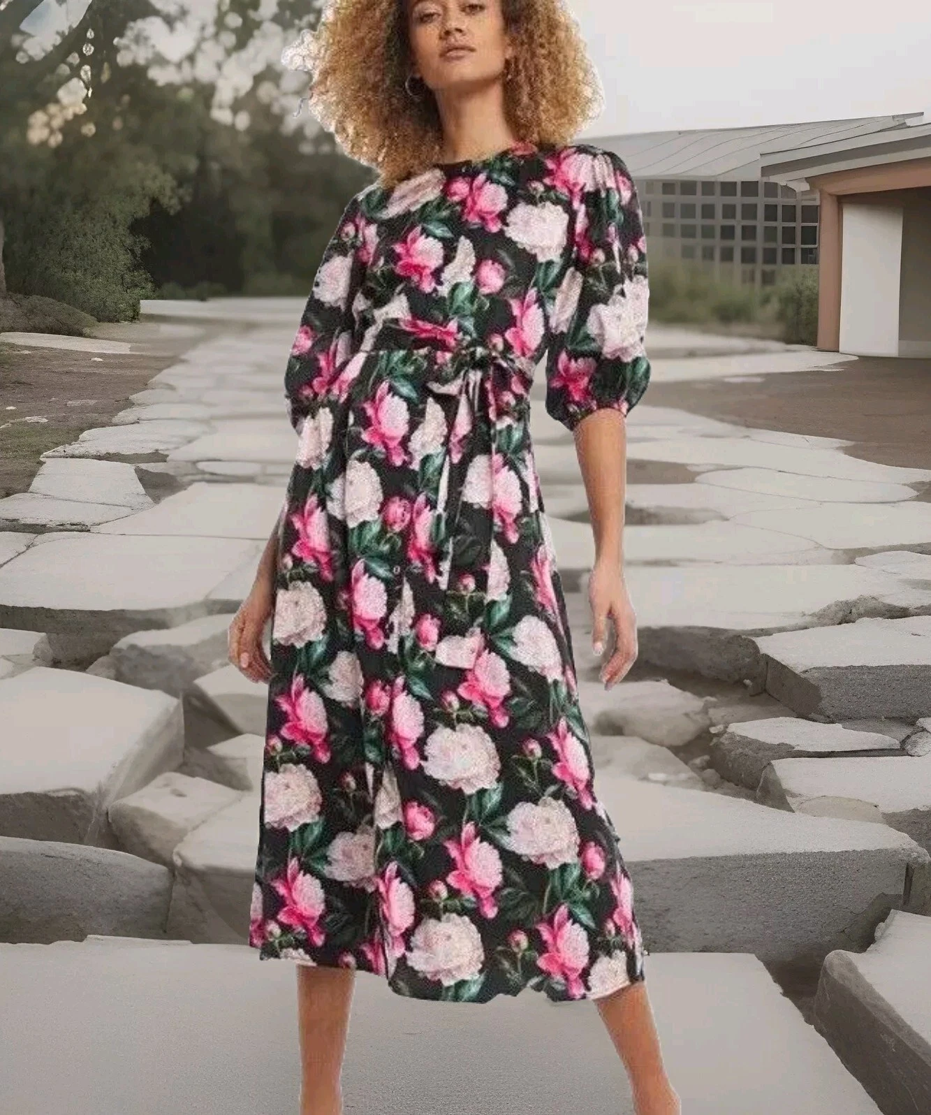 VALENTINO Abito donna RAISHMA VALENTINA nero floreale bottoni davanti cintura occasione taglia 16