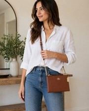 Coach Brown Pebbled Leather Crossbody Clutch Chain Strap Slim Zip Bag 8.5x-5”