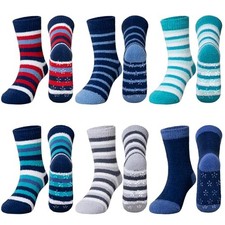Kids Fuzzy Slipper Grip Socks Boys Girls Non Slip 4-7 Years 6 Pairs Stripe