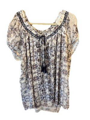 Unity World Wear Boho Women's SS Lined Flowy Peasant Blouse Floral Tie Neck 1X