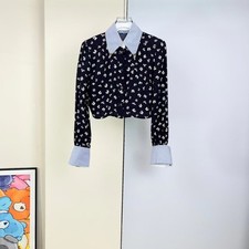 Prada Navy Floral Print Striped Trim Cropped ...